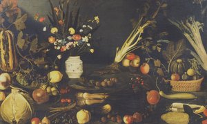 Stillleben mit Blumen, Obst und Gemüse, um 1594